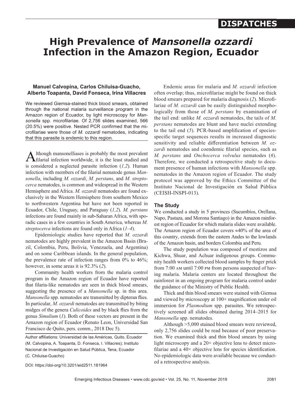 High Prevalence of Mansonella Ozzardi Infection in the Amazon Region, Ecuador
