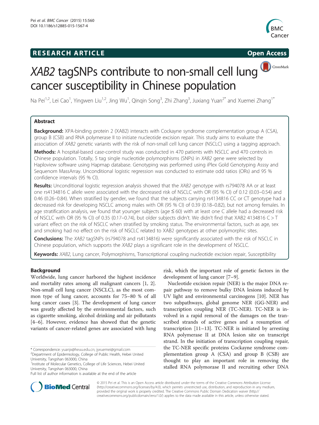 XAB2 Tagsnps Contribute to Non-Small Cell Lung Cancer