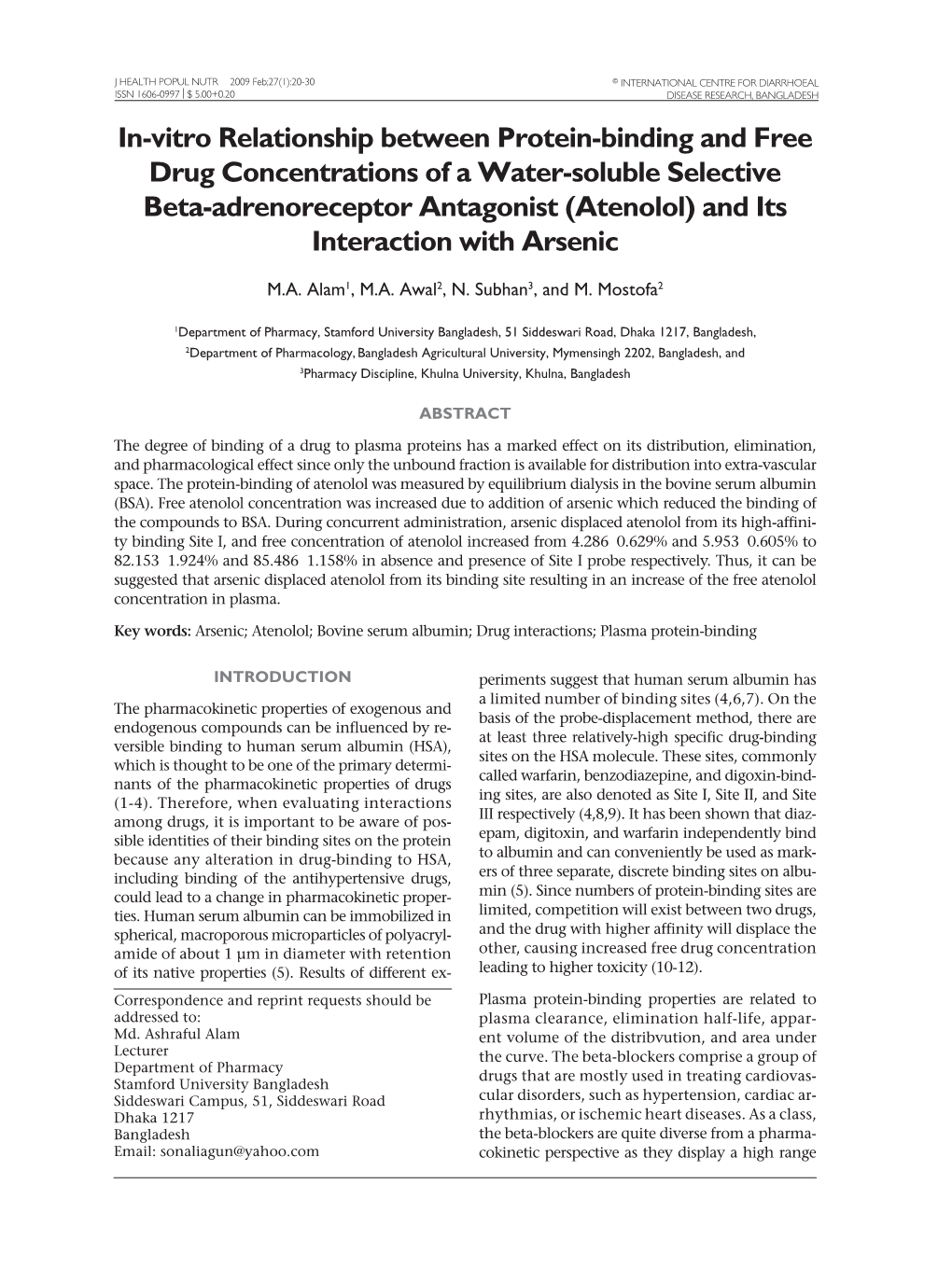 In-Vitro Relationship Between Protein-Binding and Free Drug Concentrations of a Water-Soluble Selective Beta-Adrenoreceptor Anta