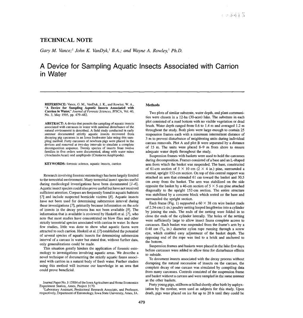 A Device for Sampling Aquatic Insects Associated with Carrion in Water