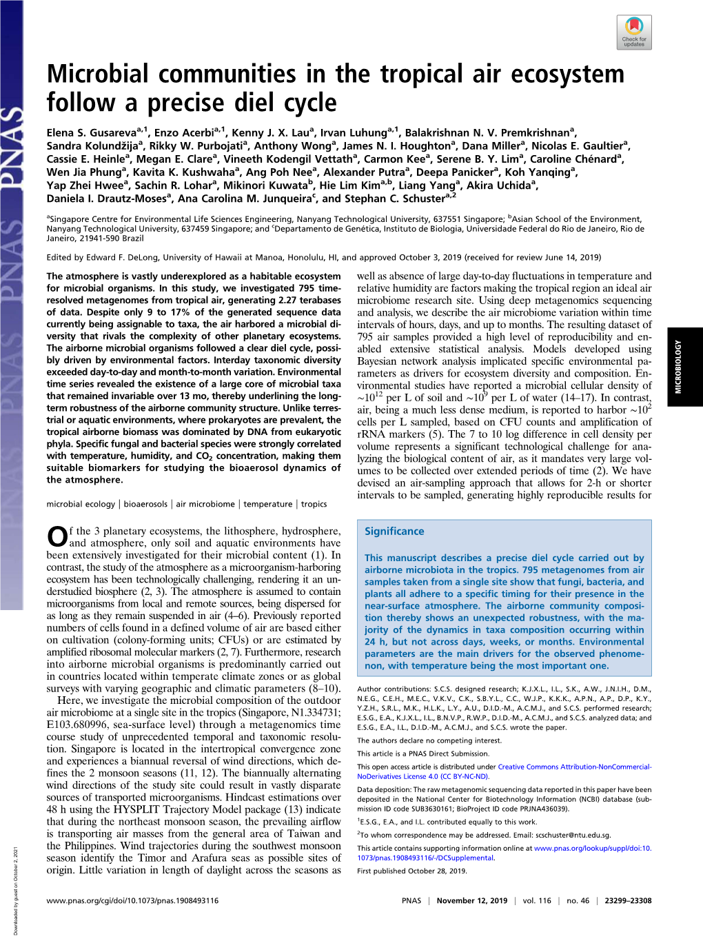 Microbial Communities in the Tropical Air Ecosystem Follow a Precise Diel Cycle