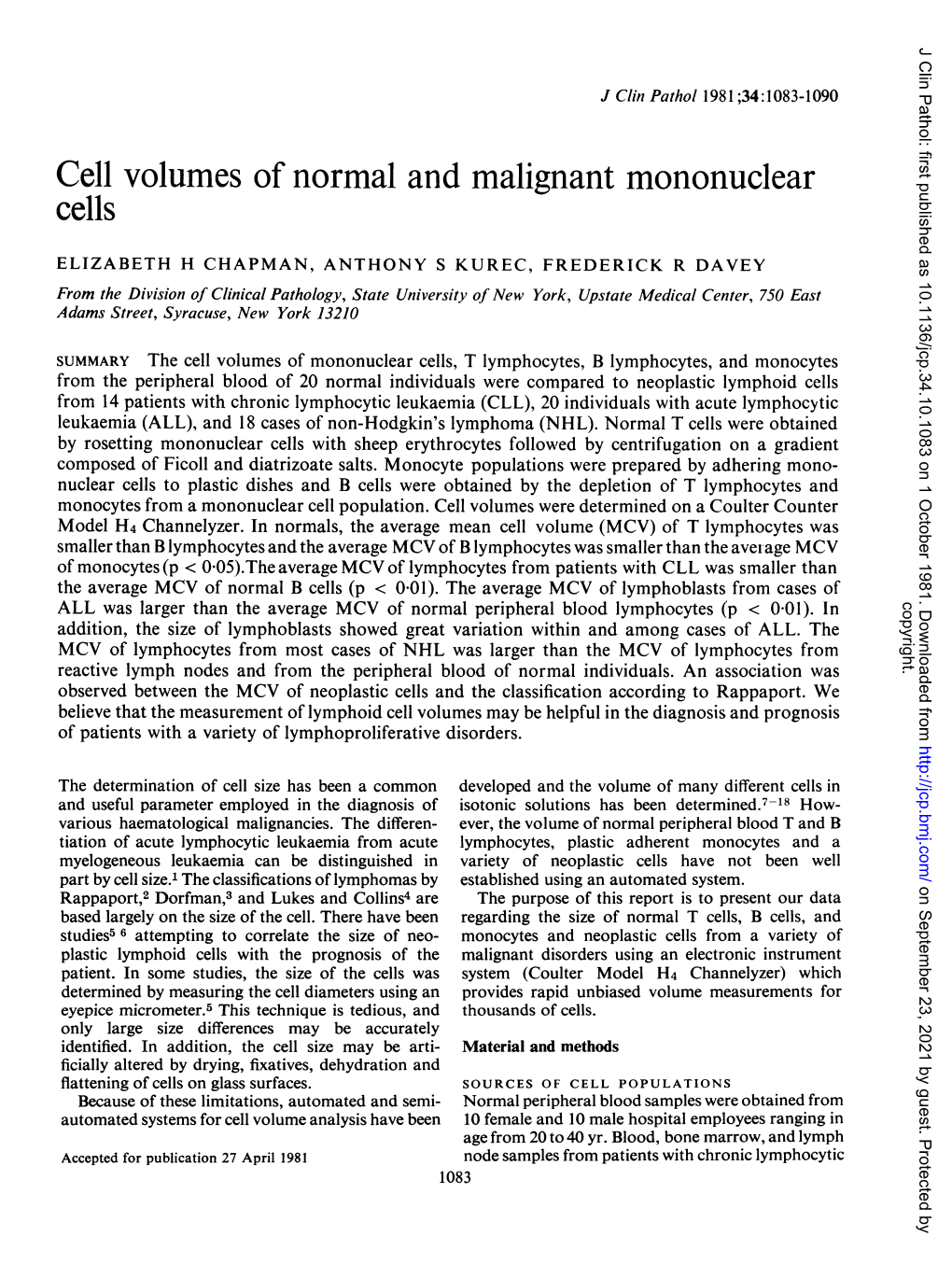 Cell Volumes Ofnormal and Malignantmononuclear