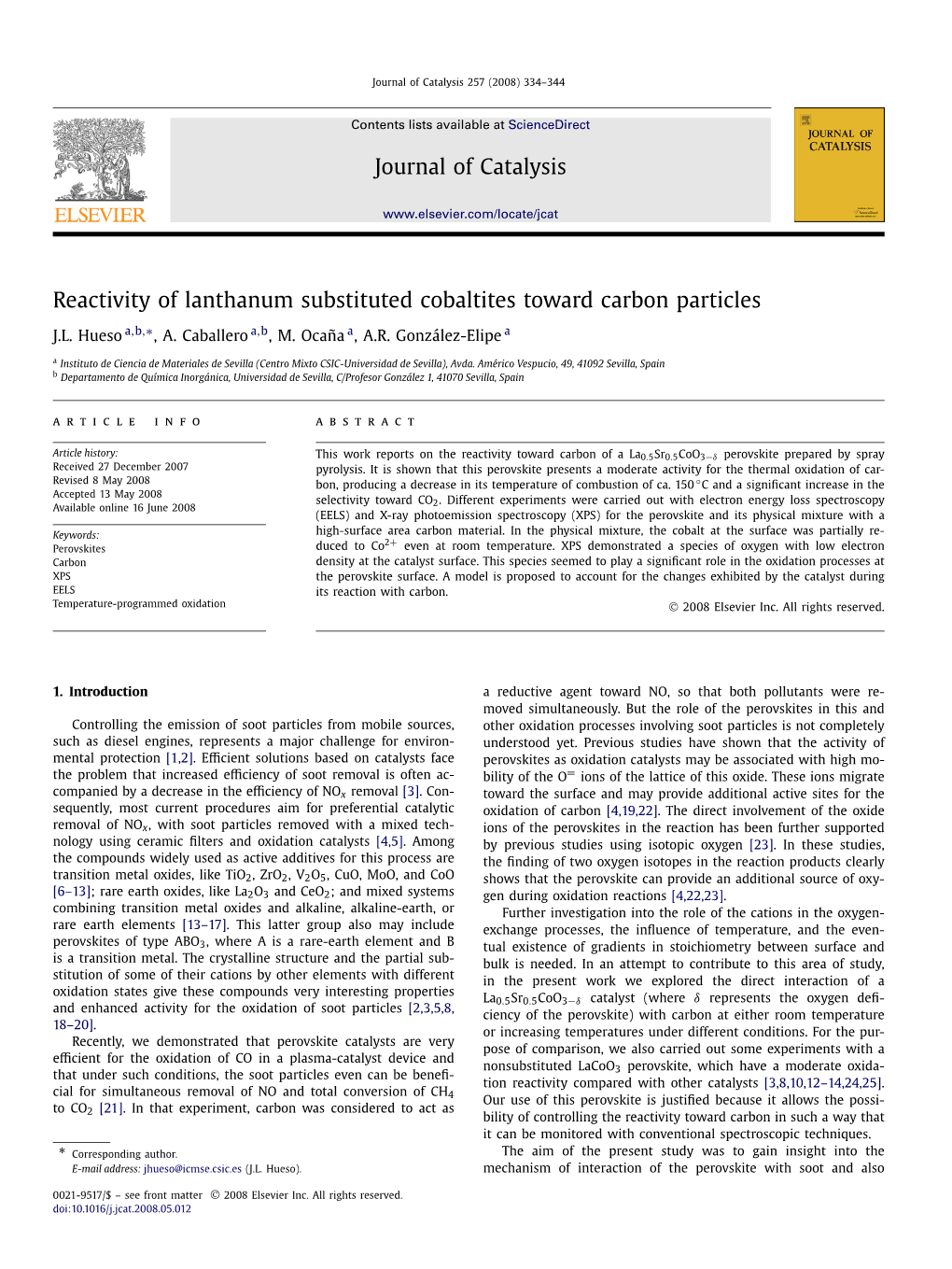 Journal of Catalysis Reactivity of Lanthanum Substituted Cobaltites Toward Carbon Particles