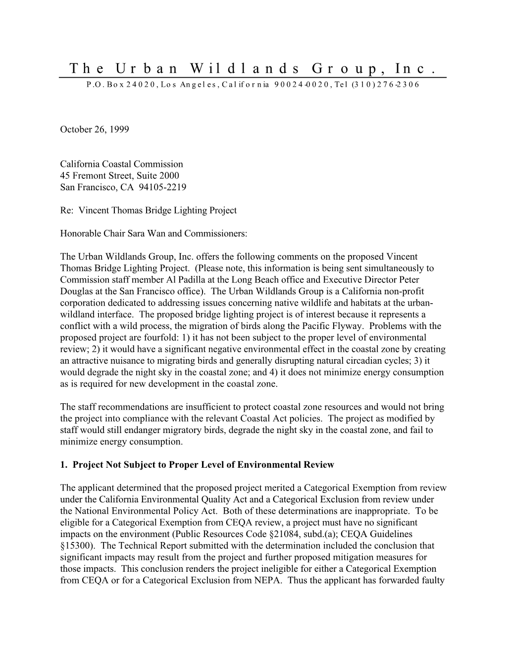 UWG Letter to California Coastal Commission on Bridge Lighting Proposal