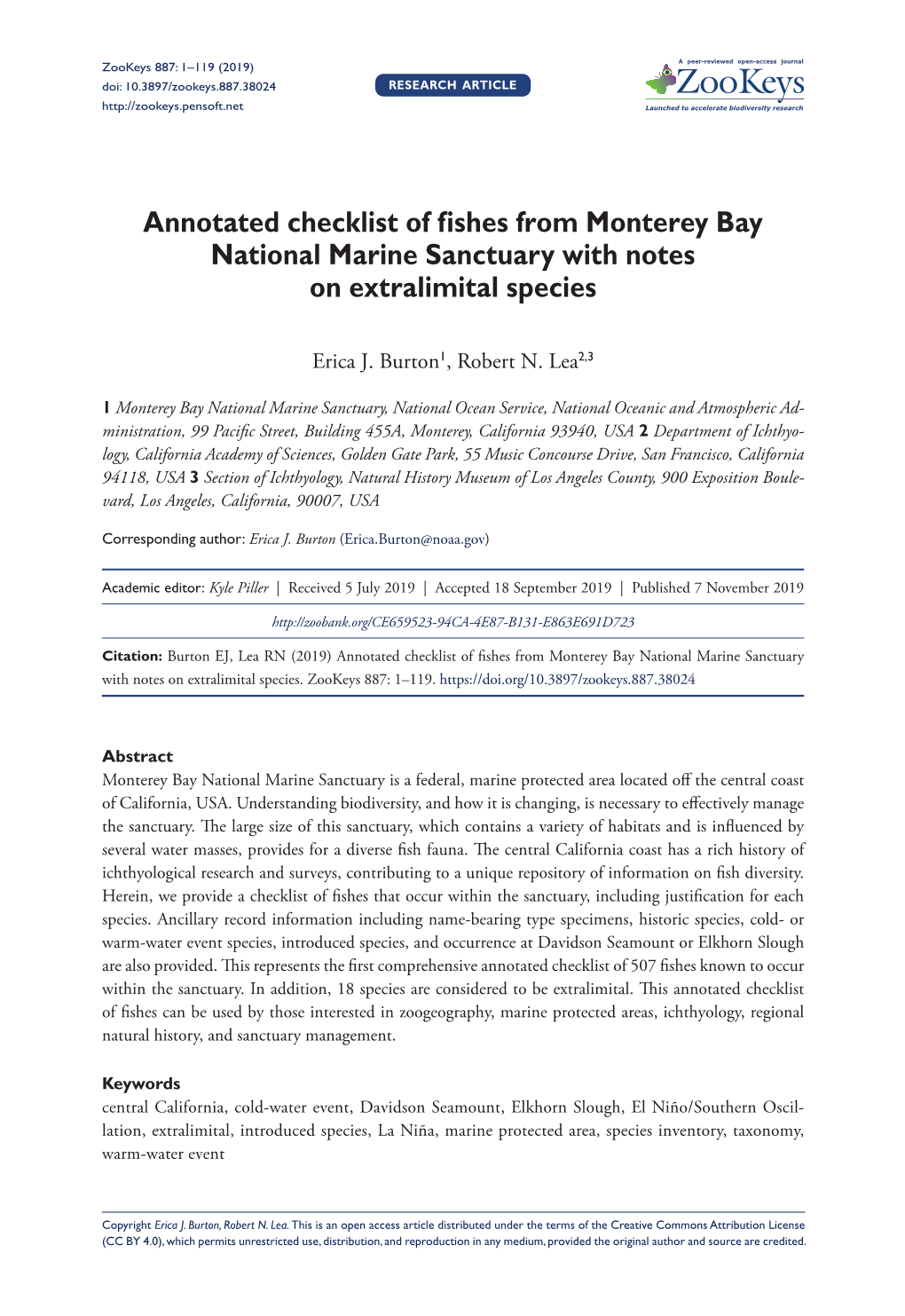 Annotated Checklist of Fishes from Monterey Bay National Marine Sanctuary with Notes on Extralimital Species