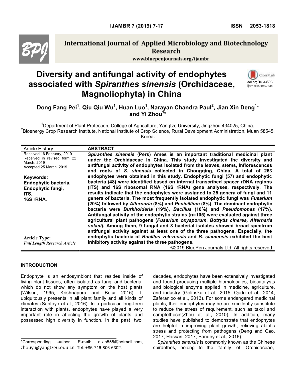 Diversity and Antifungal Activity of Endophytes Associated With