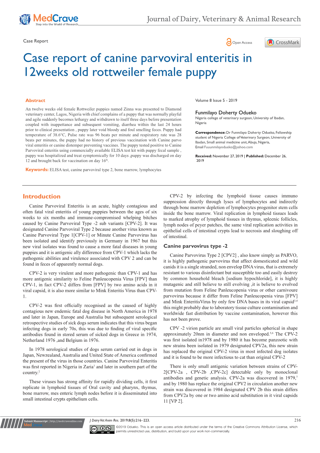 Case Report of Canine Parvoviral Enteritis in 12Weeks Old Rottweiler Female Puppy