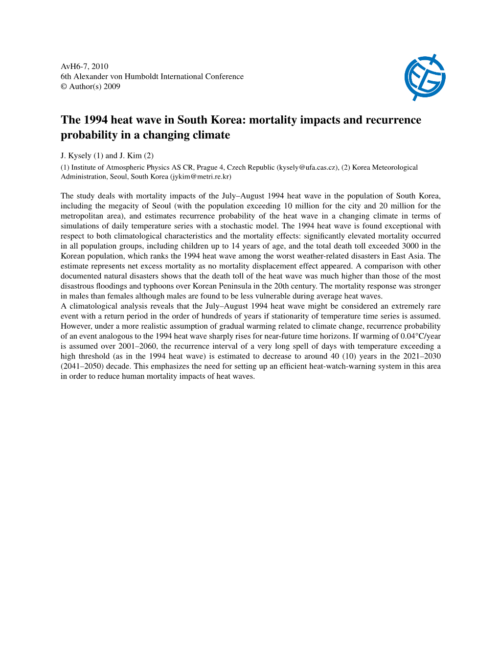 The 1994 Heat Wave in South Korea: Mortality Impacts and Recurrence Probability in a Changing Climate