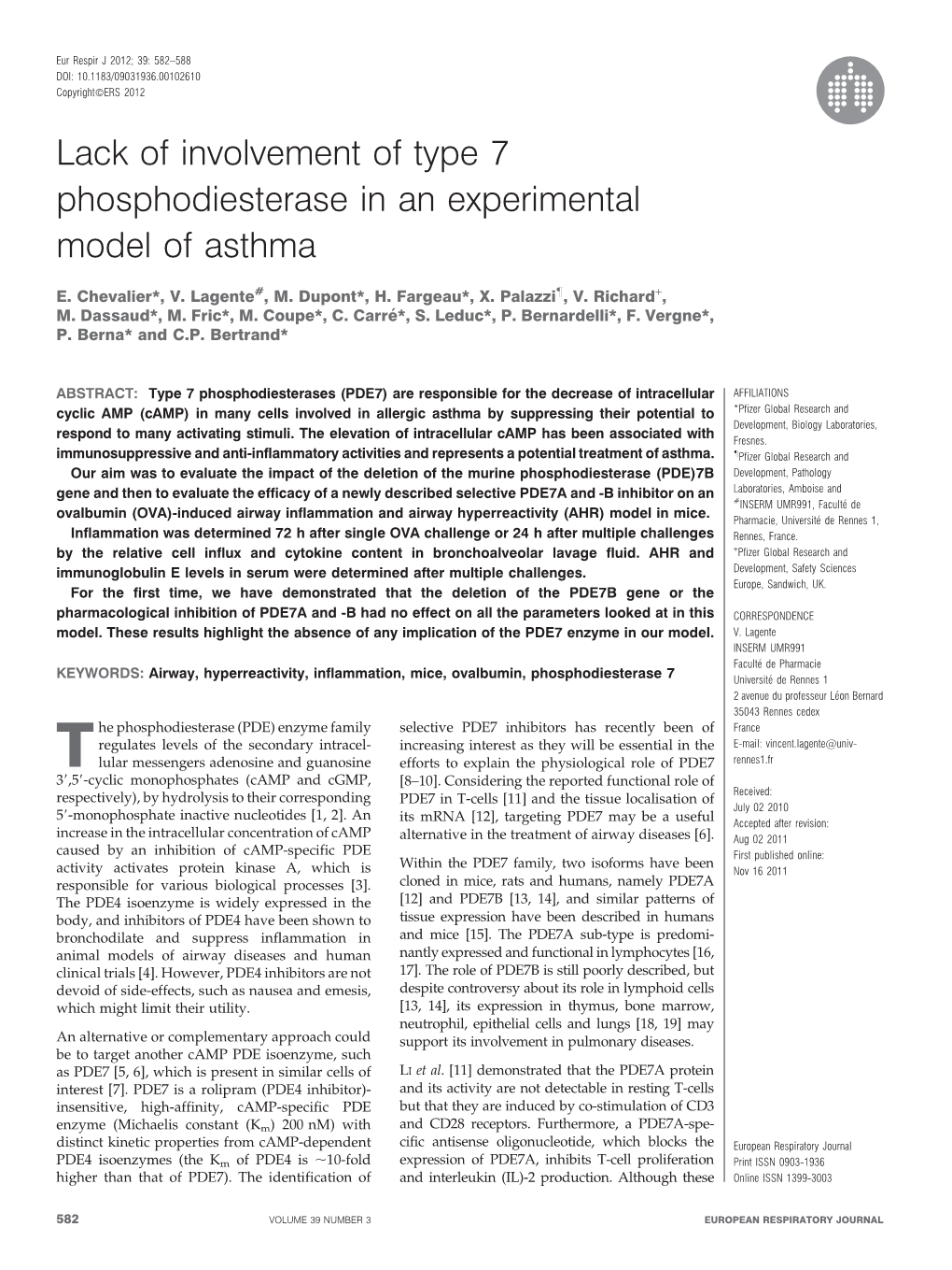 Lack of Involvement of Type 7 Phosphodiesterase in an Experimental Model of Asthma