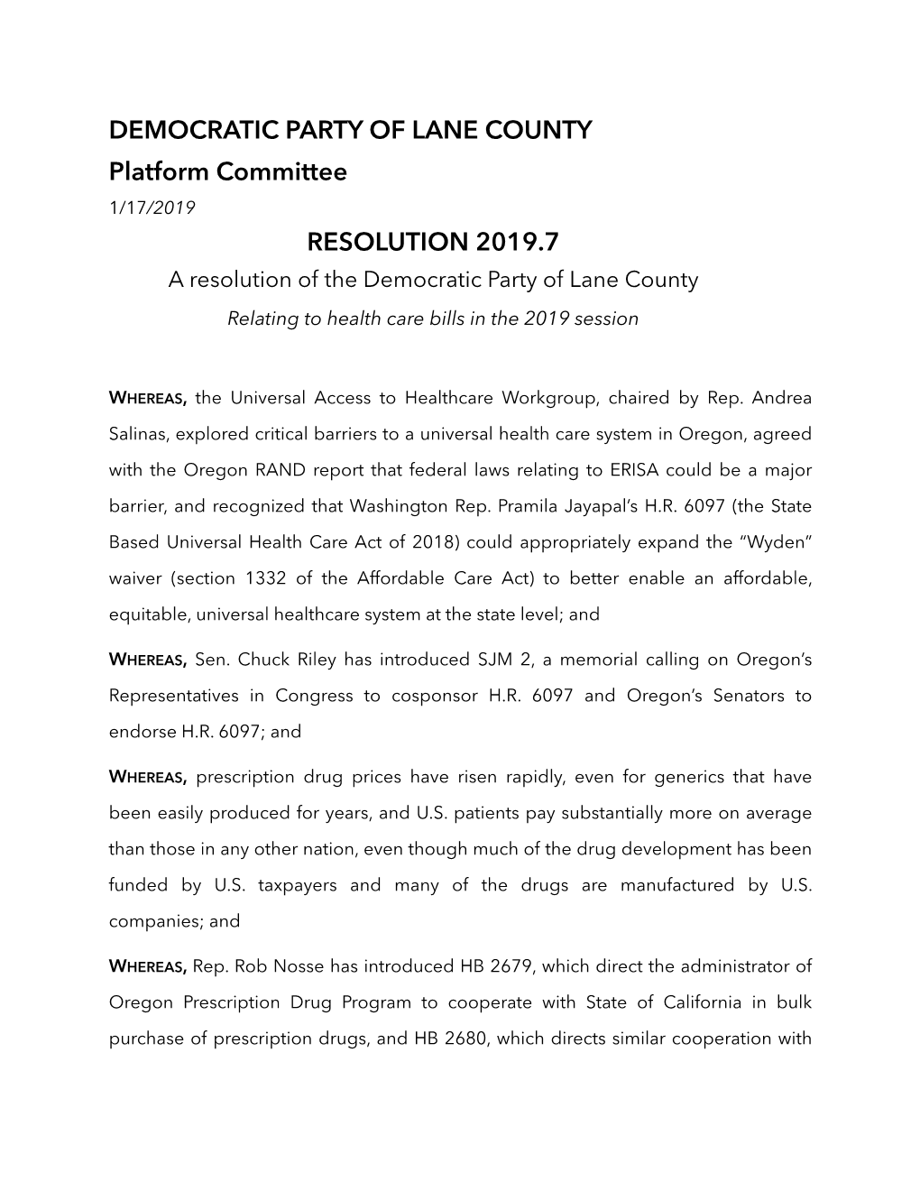 Resolution 2019.7 Relating to Health Care Bills in the 2019 Session