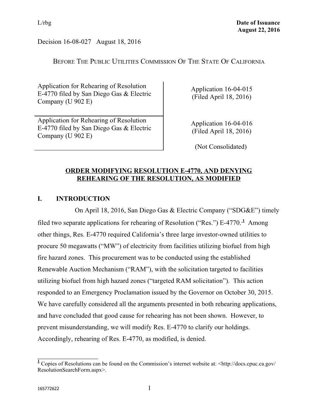 ORDER Modifying RESOLUTION E-4770, and DENYING