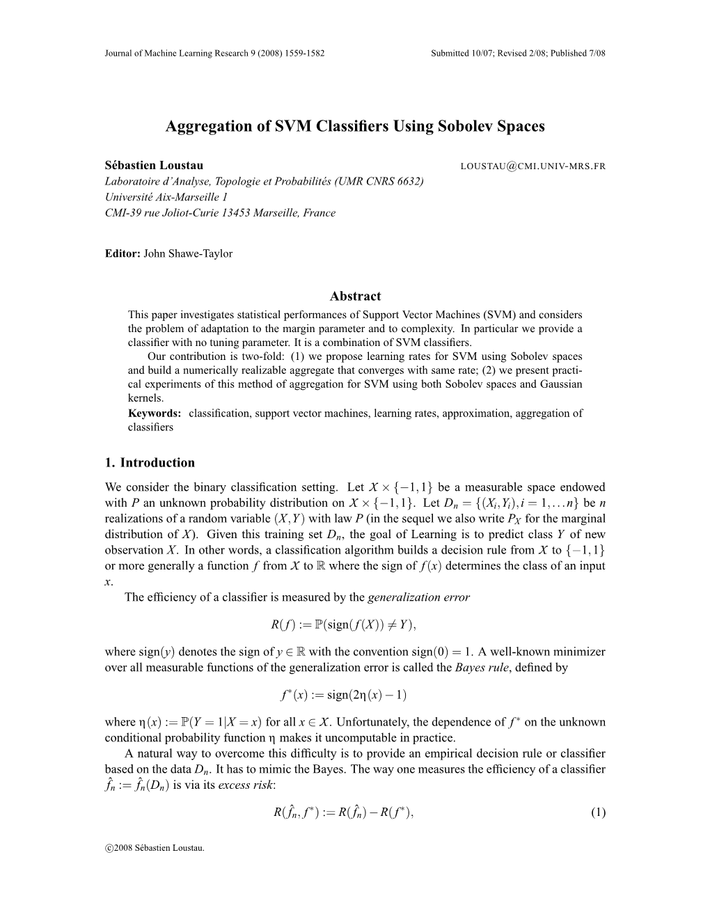 Aggregation of SVM Classifiers Using Sobolev Spaces