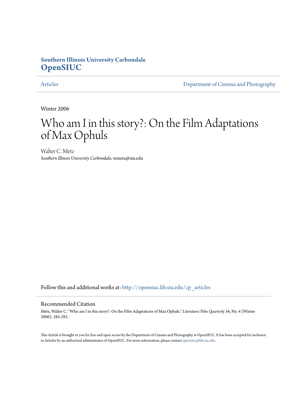 On the Film Adaptations of Max Ophuls Walter C