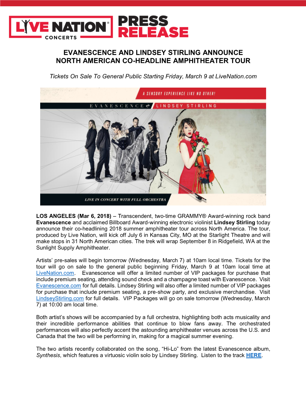 Evanescence and Lindsey Stirling Announce North American Co-Headline Amphitheater Tour