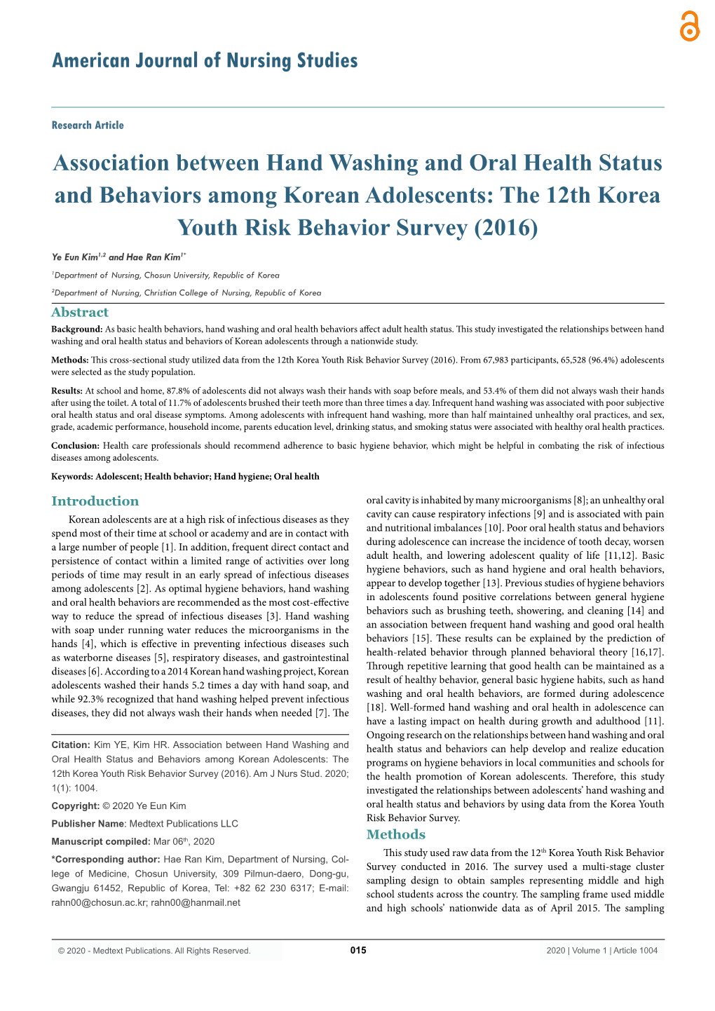 Association Between Hand Washing and Oral Health Status And