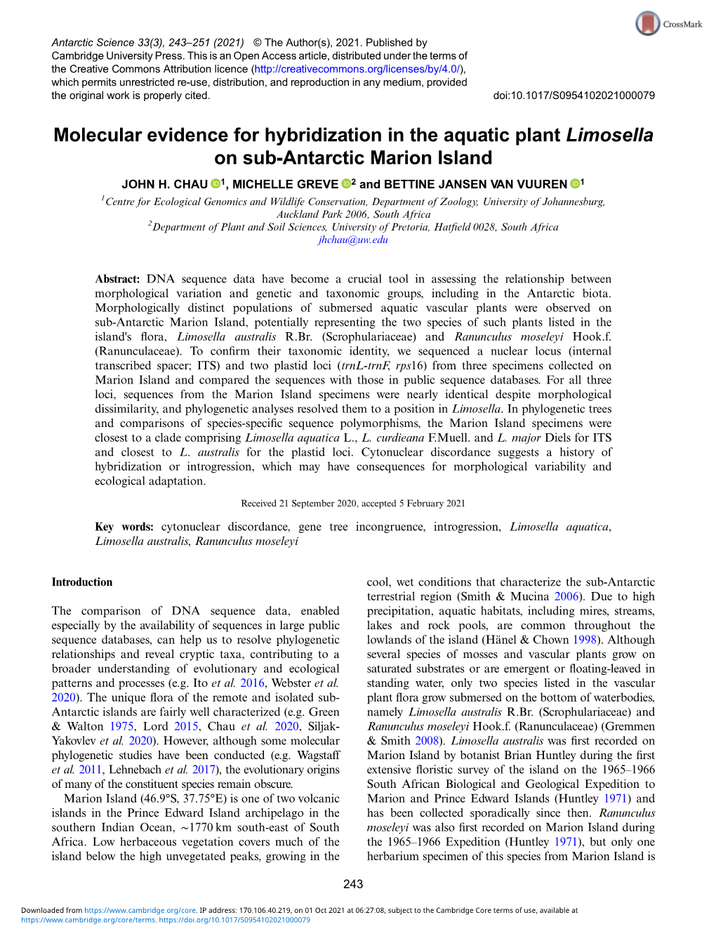 Molecular Evidence for Hybridization in the Aquatic Plant Limosella on Sub-Antarctic Marion Island