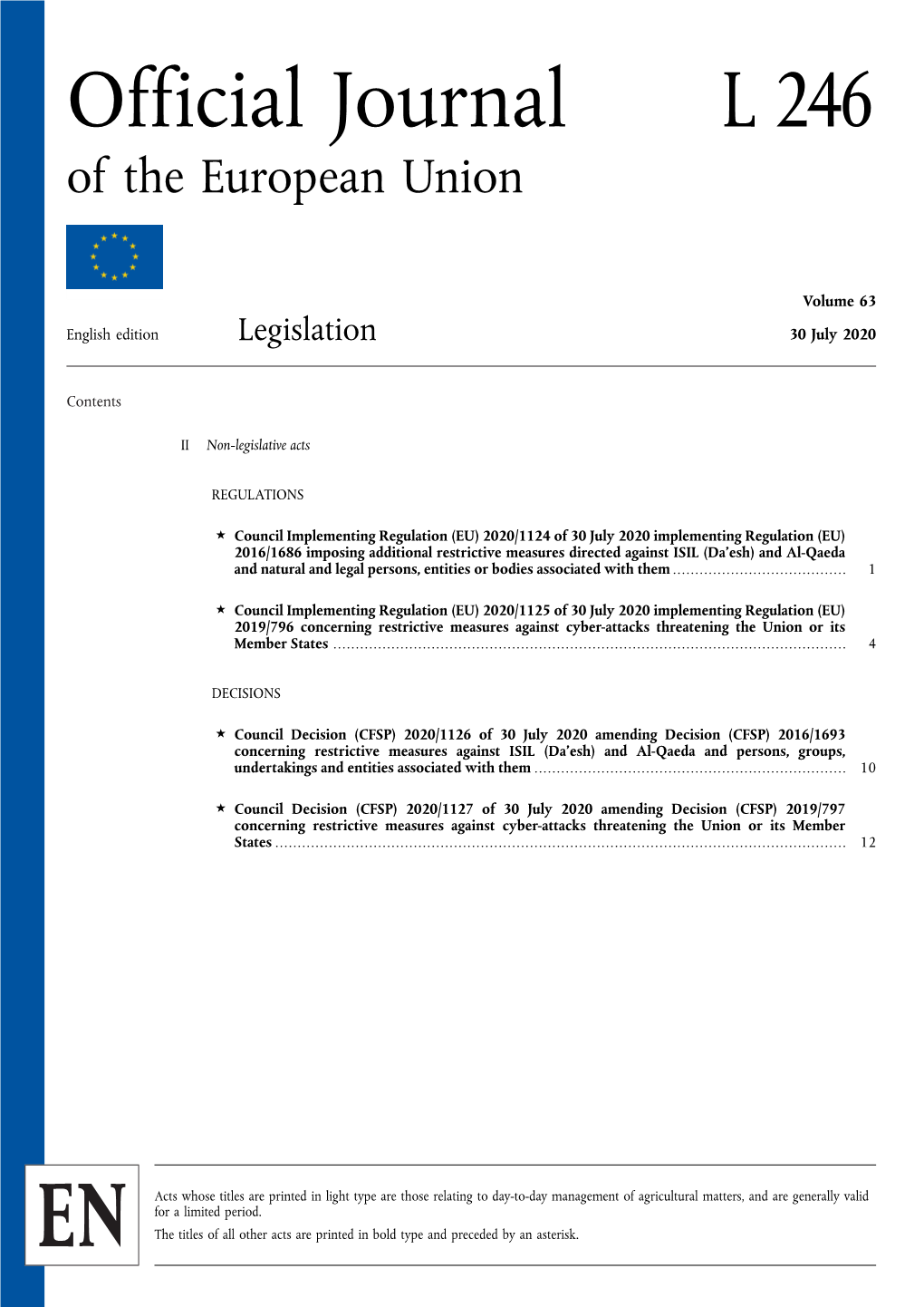 Regulation (EU) 2020/1124 of 30 July 2020