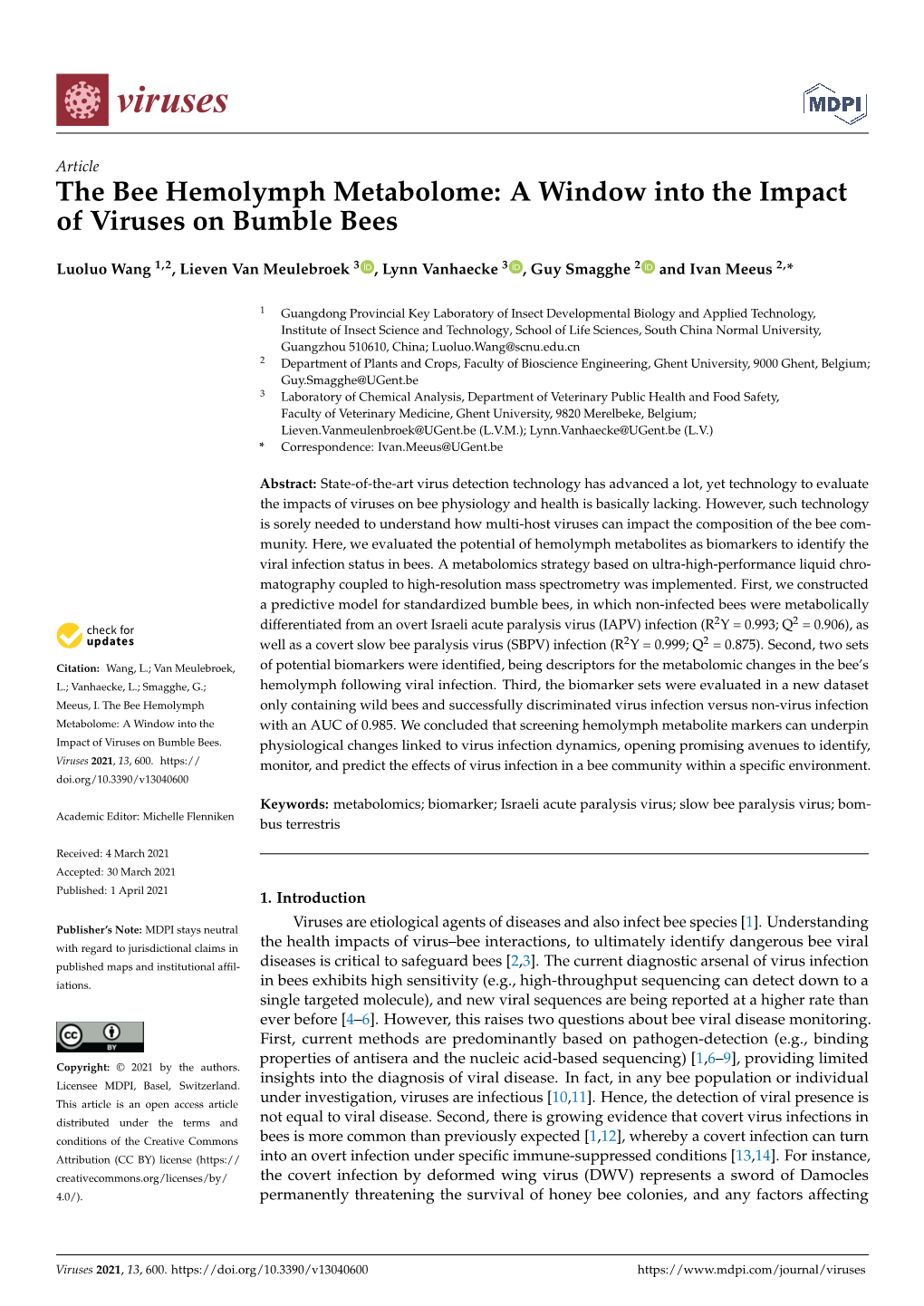 The Bee Hemolymph Metabolome: a Window Into the Impact of Viruses on Bumble Bees