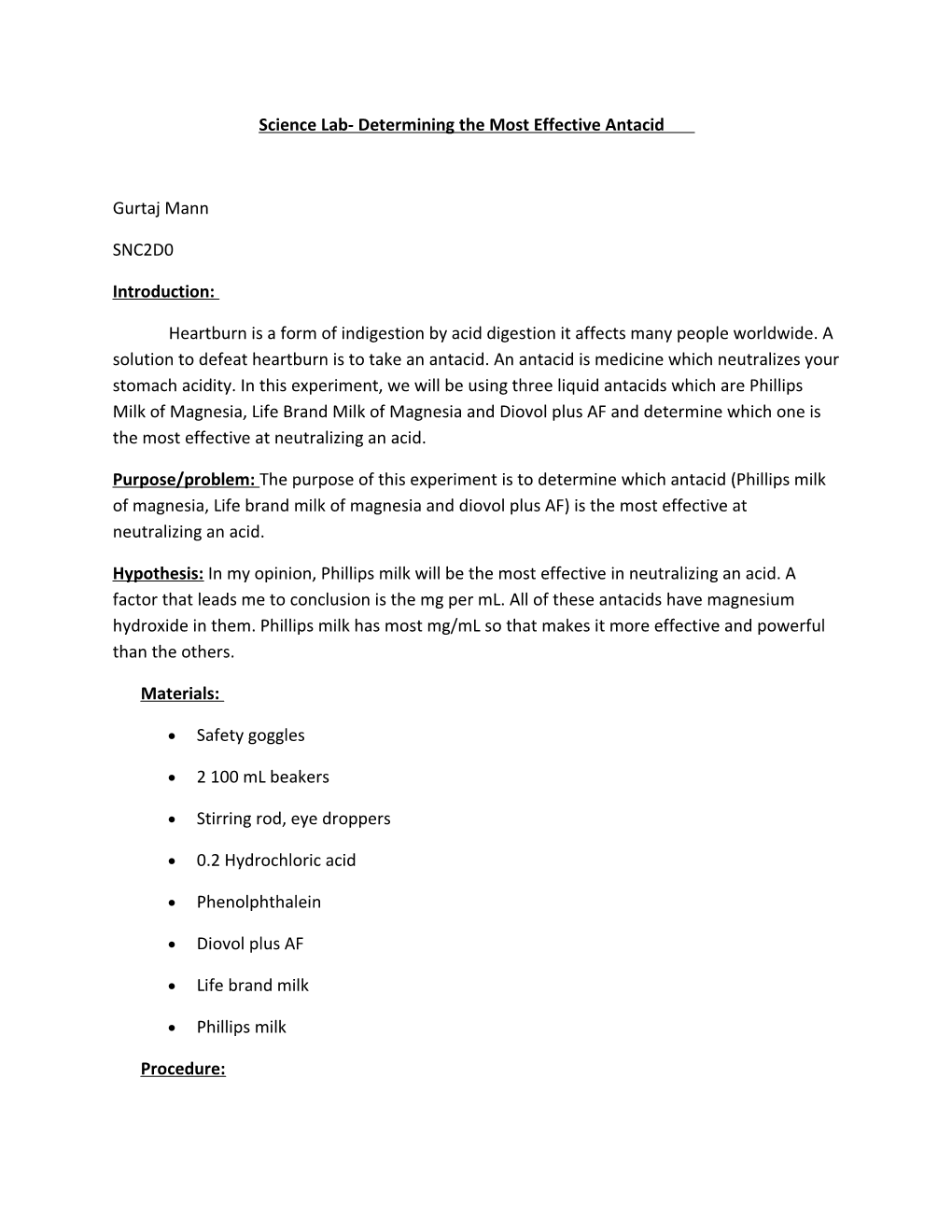 Science Lab- Determining the Most Effective Antacid