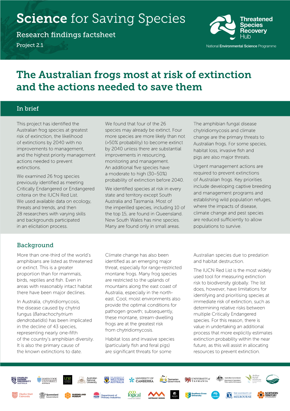 Science for Saving Species Research Findings Factsheet Project 2.1