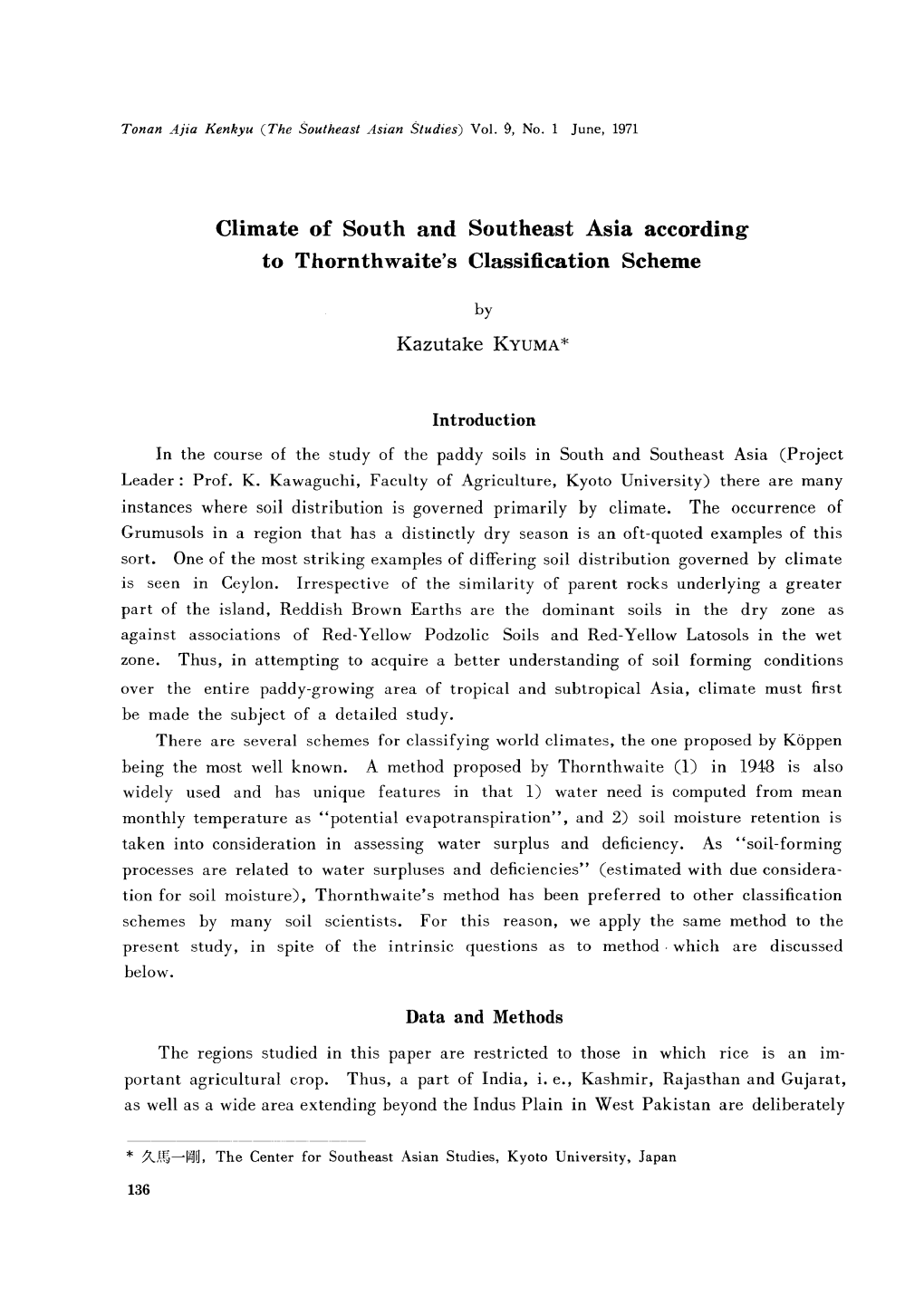 Climate of South and Southeast Asia According to Thornthwaite's Classification Scheme