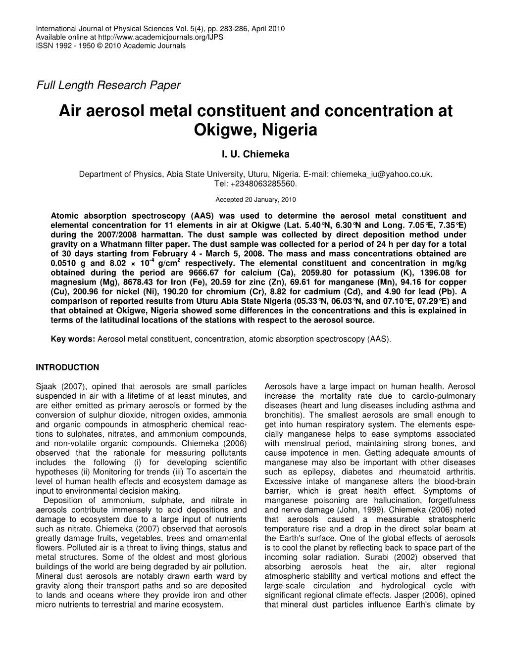 Air Aerosol Metal Constituent and Concentration at Okigwe, Nigeria