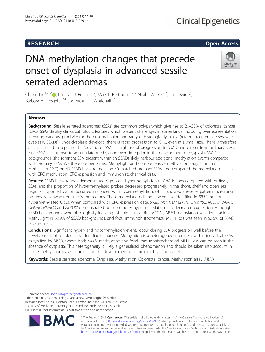 DNA Methylation Changes That Precede Onset of Dysplasia in Advanced Sessile Serrated Adenomas Cheng Liu1,2,3* , Lochlan J