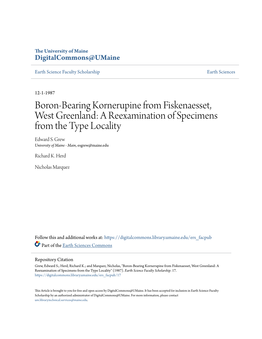 Boron-Bearing Kornerupine from Fiskenaesset, West Greenland: a Reexamination of Specimens from the Type Locality Edward S