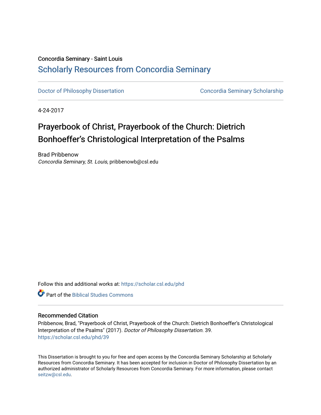Prayerbook of Christ, Prayerbook of the Church: Dietrich Bonhoeffer's Christological Interpretation of the Psalms