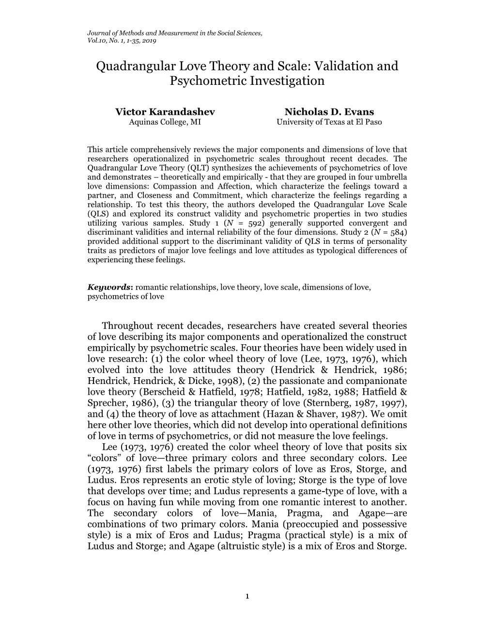 Quadrangular Love Theory and Scale: Validation and Psychometric Investigation