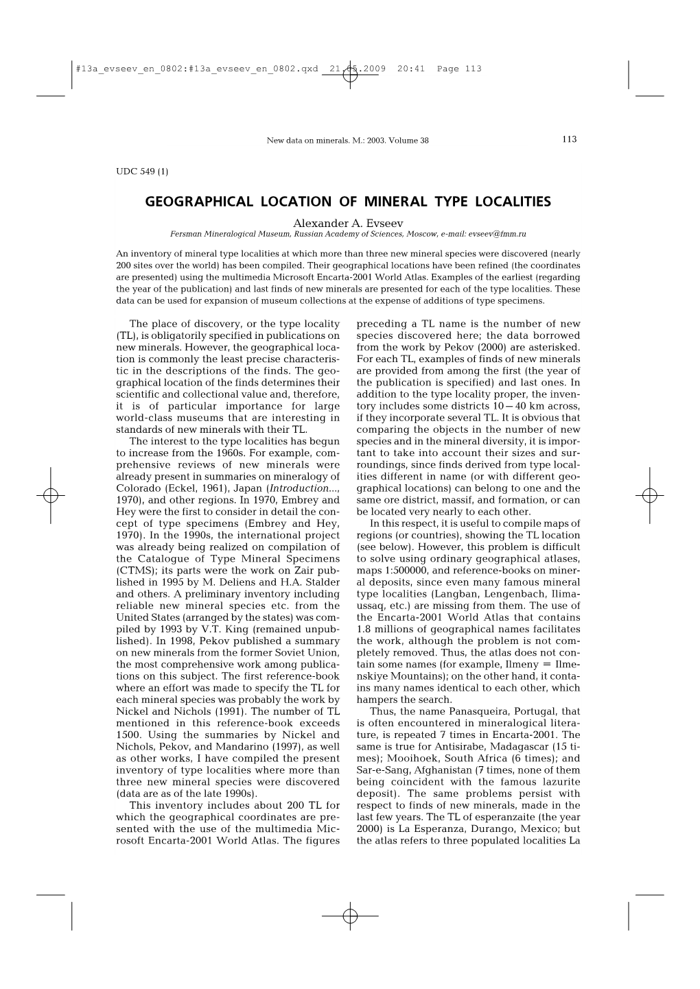 GEOGRAPHICAL LOCATION of MINERAL TYPE LOCALITIES Alexander A