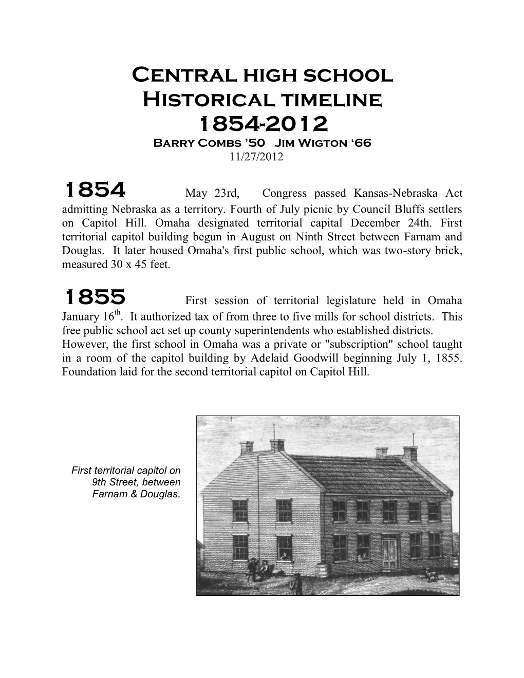 Central High School Historical Timeline 1854-2012 1854 1855