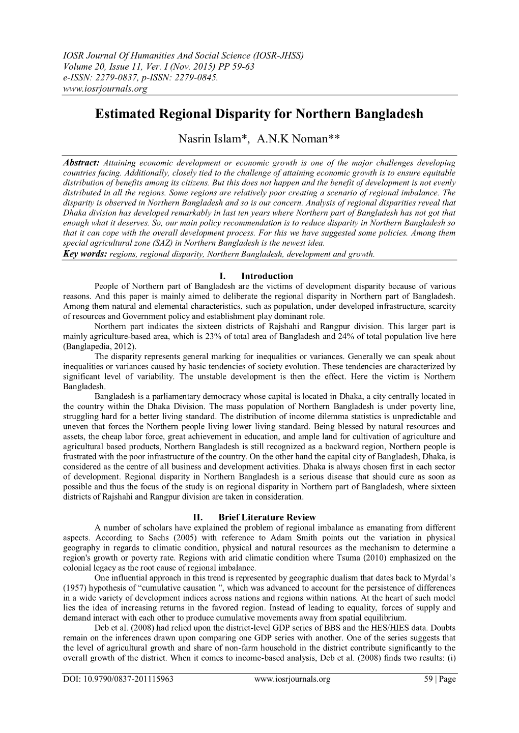 Estimated Regional Disparity for Northern Bangladesh