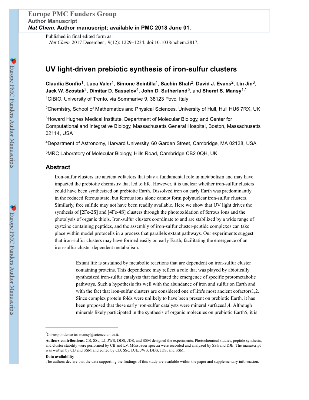 UV Light-Driven Prebiotic Synthesis of Iron-Sulfur Clusters