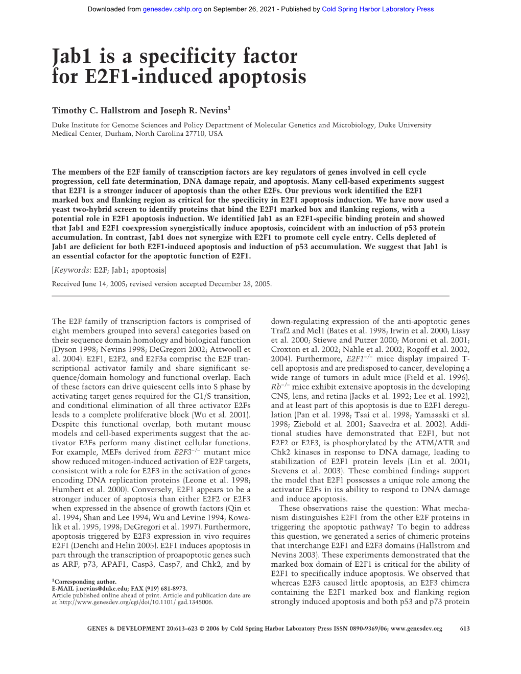 Jab1 Is a Specificity Factor for E2F1-Induced Apoptosis