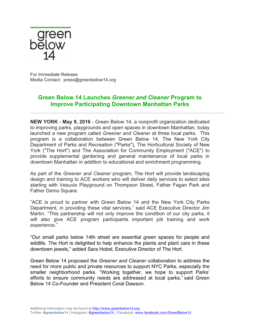 Green Below 14 Launches Greener and Cleaner Program to Improve Participating Downtown Manhattan Parks