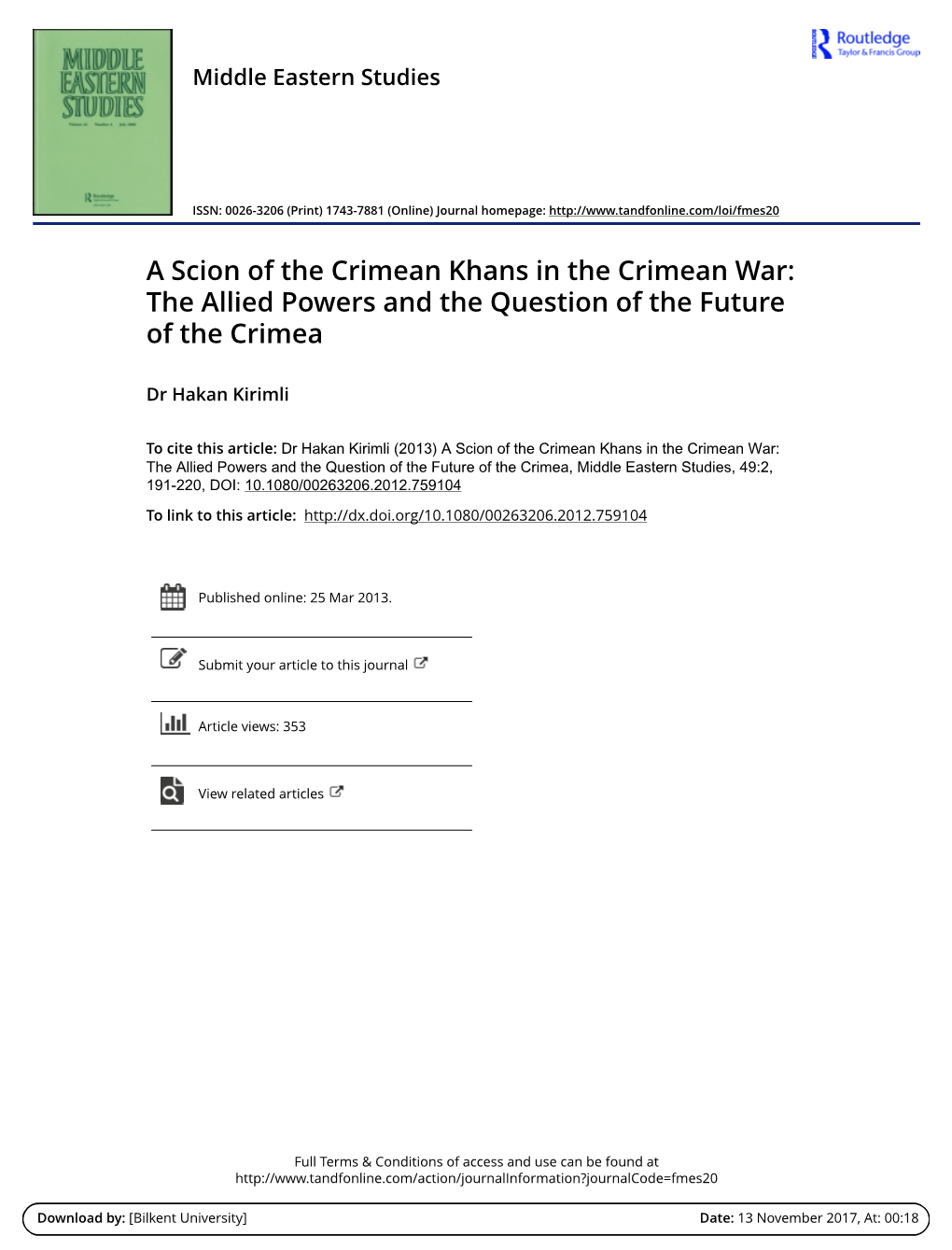 A Scion of the Crimean Khans in the Crimean War: the Allied Powers and the Question of the Future of the Crimea