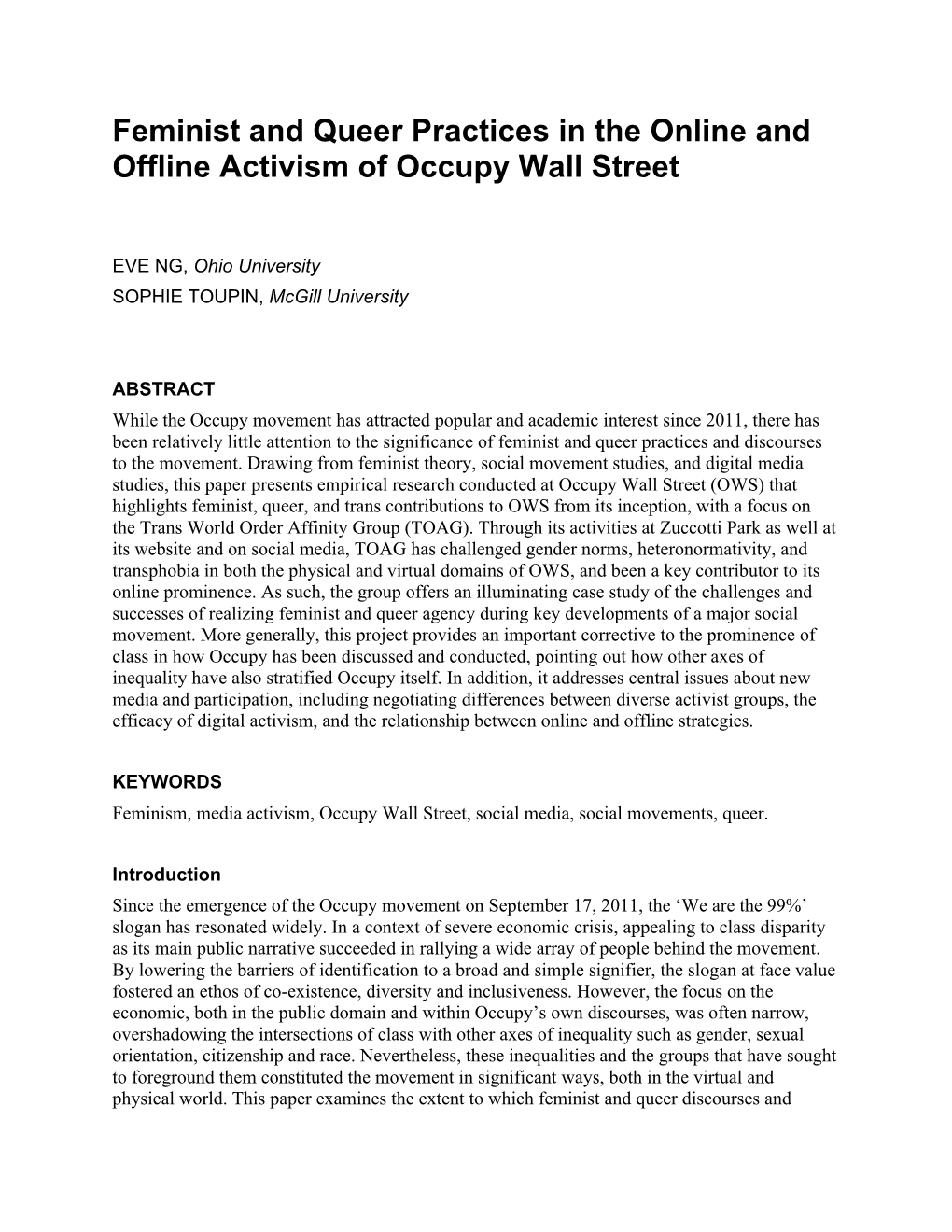 Feminist and Queer Practices in the Online and Offline Activism of Occupy Wall Street