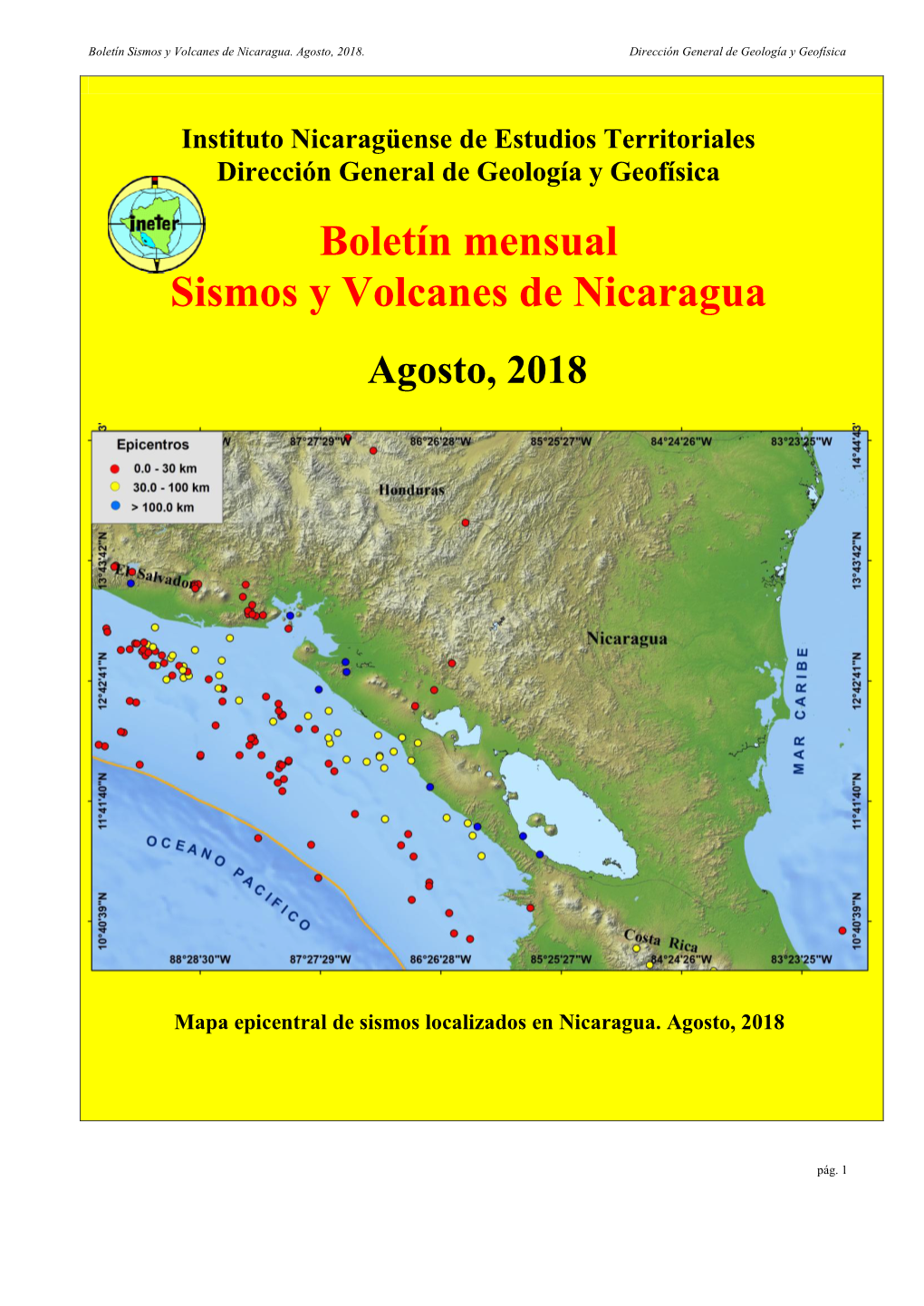 Boletín Mensual Sismos Y Volcanes De Nicaragua Agosto, 2018