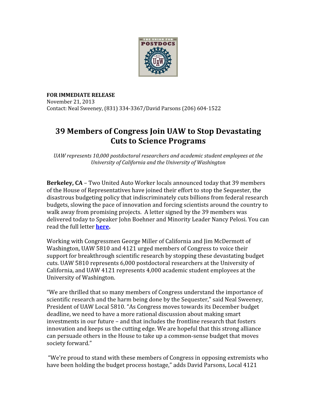 39 Members of Congress Join UAW to Stop Devastating Cuts to Science Programs