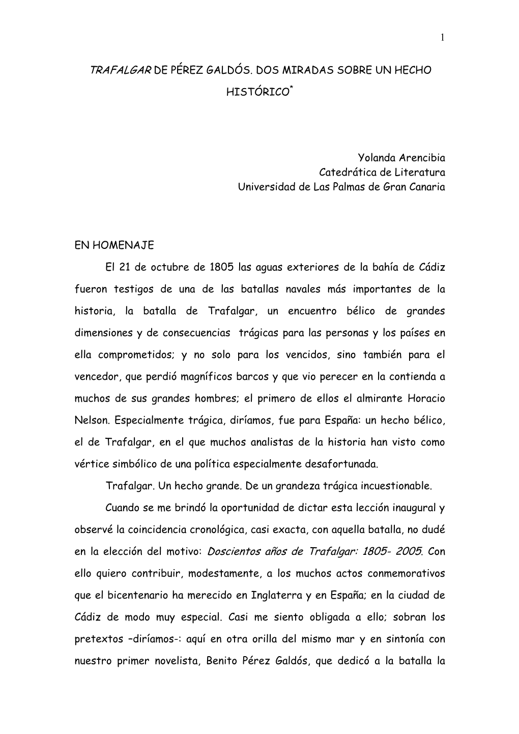 Trafalgar De Pérez Galdós. Dos Miradas Sobre Un Hecho Histórico