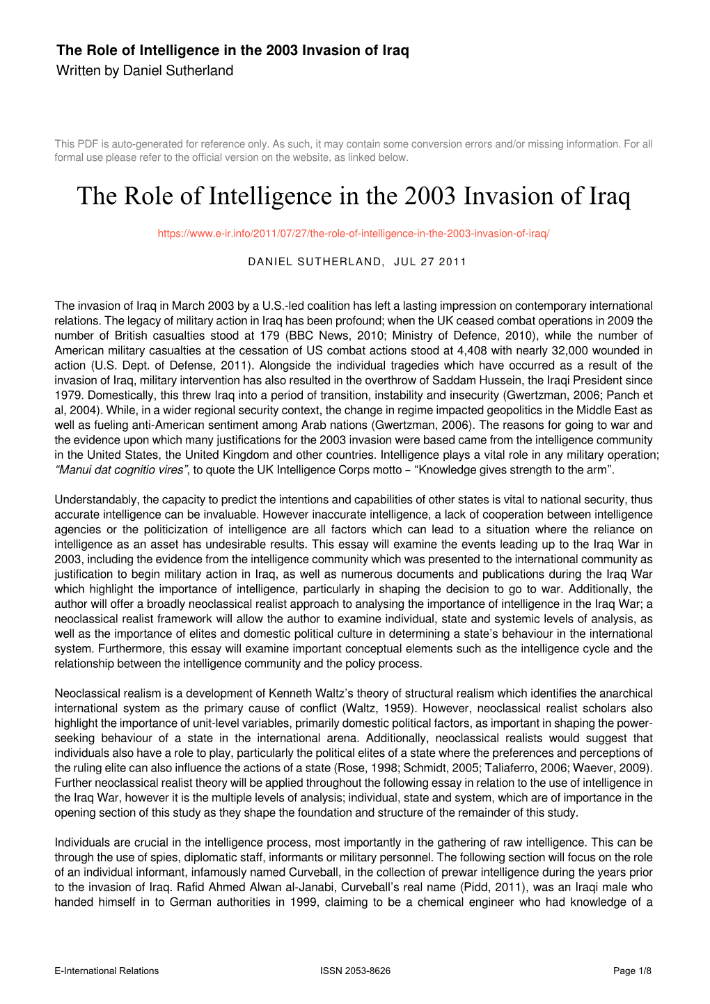 The Role of Intelligence in the 2003 Invasion of Iraq Written by Daniel Sutherland
