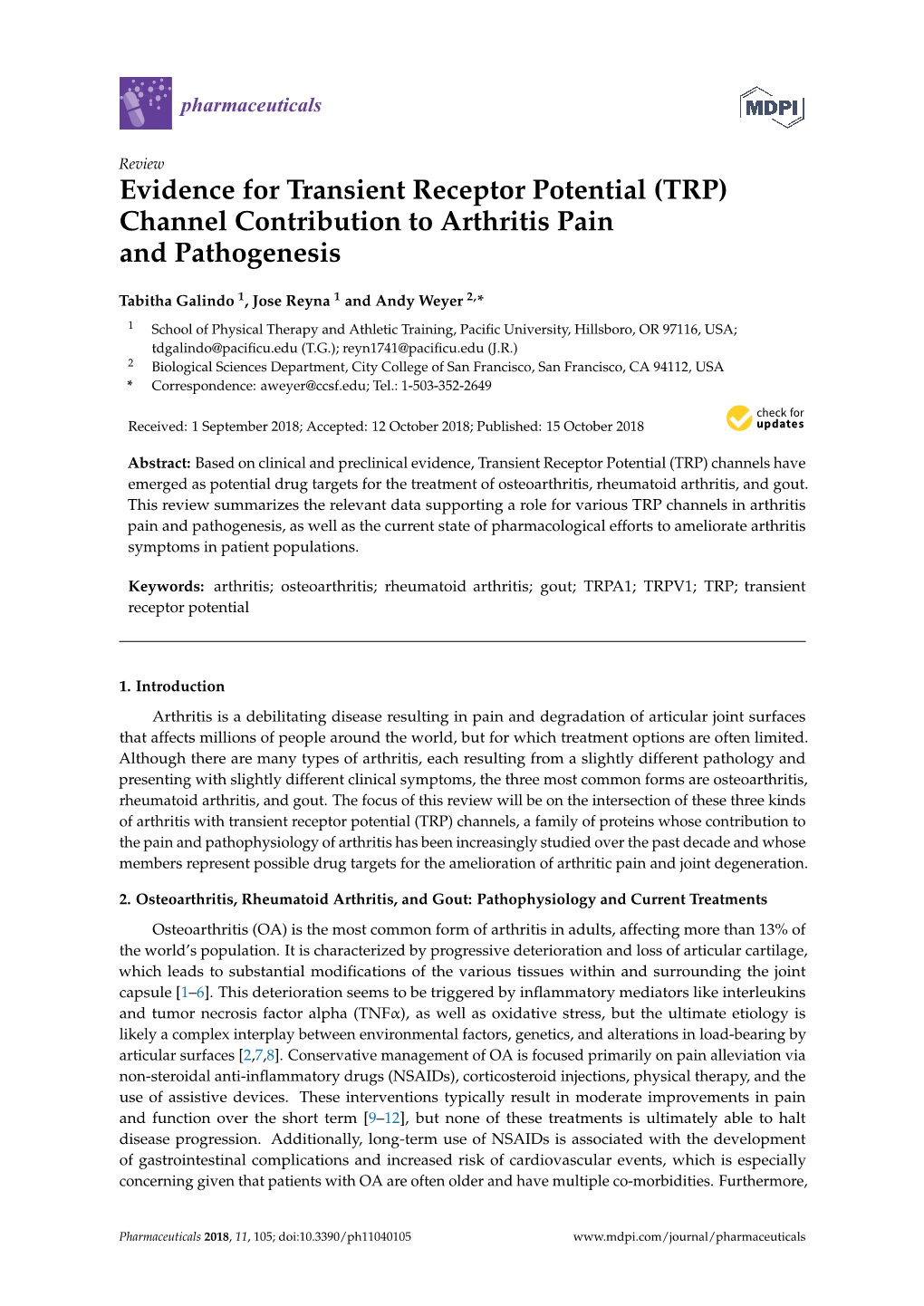 Evidence for Transient Receptor Potential (TRP) Channel Contribution to Arthritis Pain and Pathogenesis