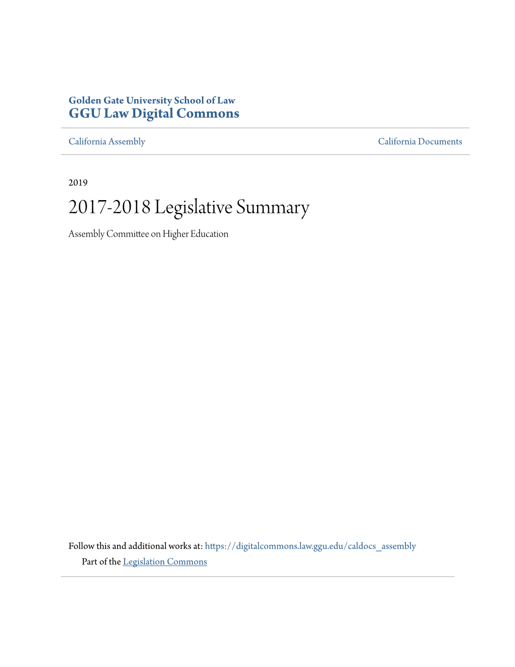 2017-2018 Legislative Summary Assembly Committee on Higher Education