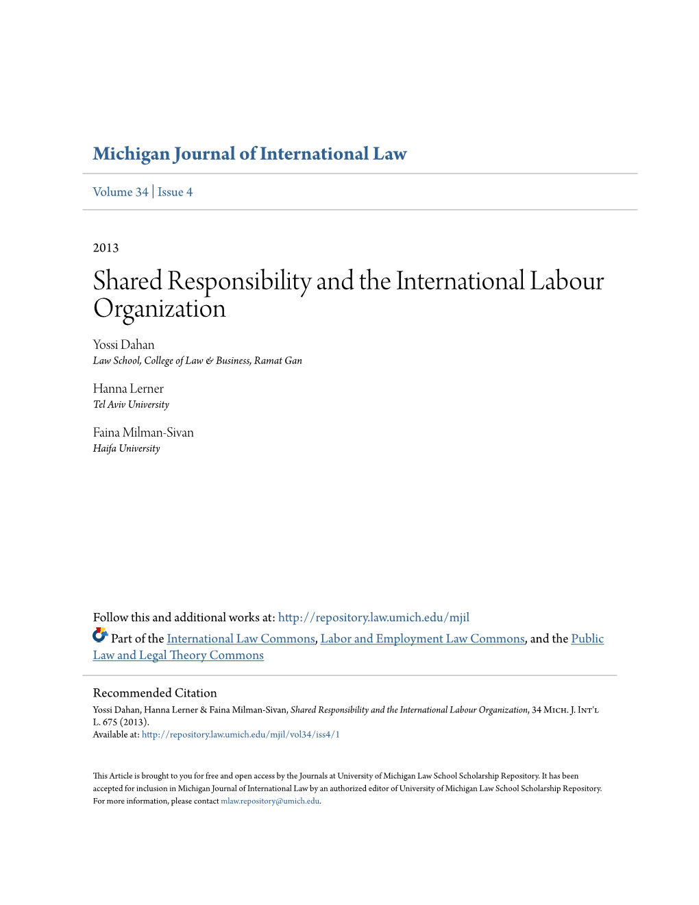 Shared Responsibility and the International Labour Organization Yossi Dahan Law School, College of Law & Business, Ramat Gan