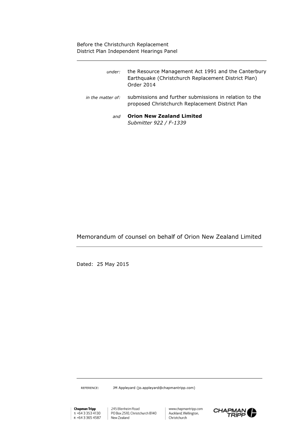 Memorandum of Counsel on Behalf of Orion New Zealand Limited