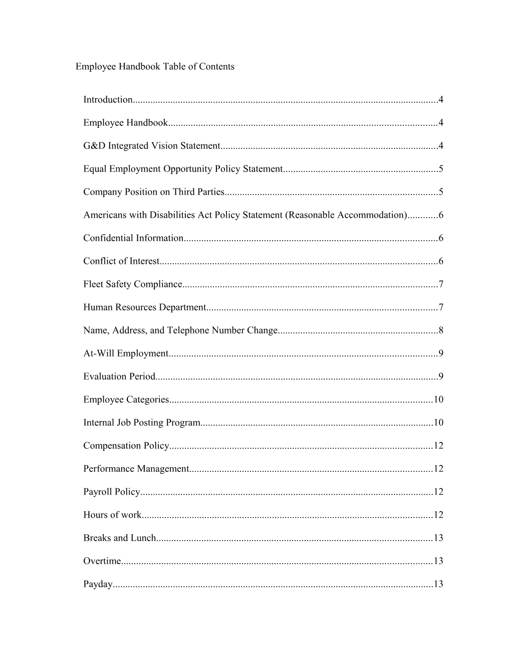 Employee Handbook Table of Contents