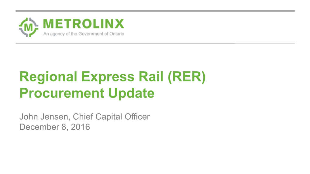 Regional Express Rail (RER) Procurement Update