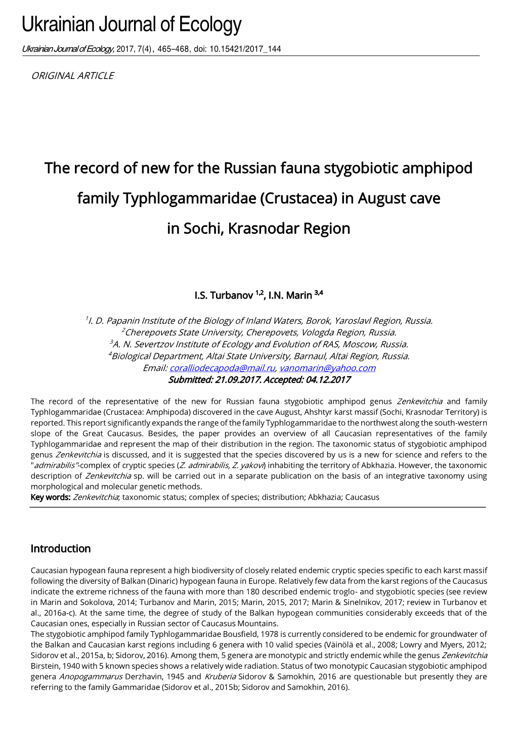 The Record of New for the Russian Fauna Stygobiotic Amphipod