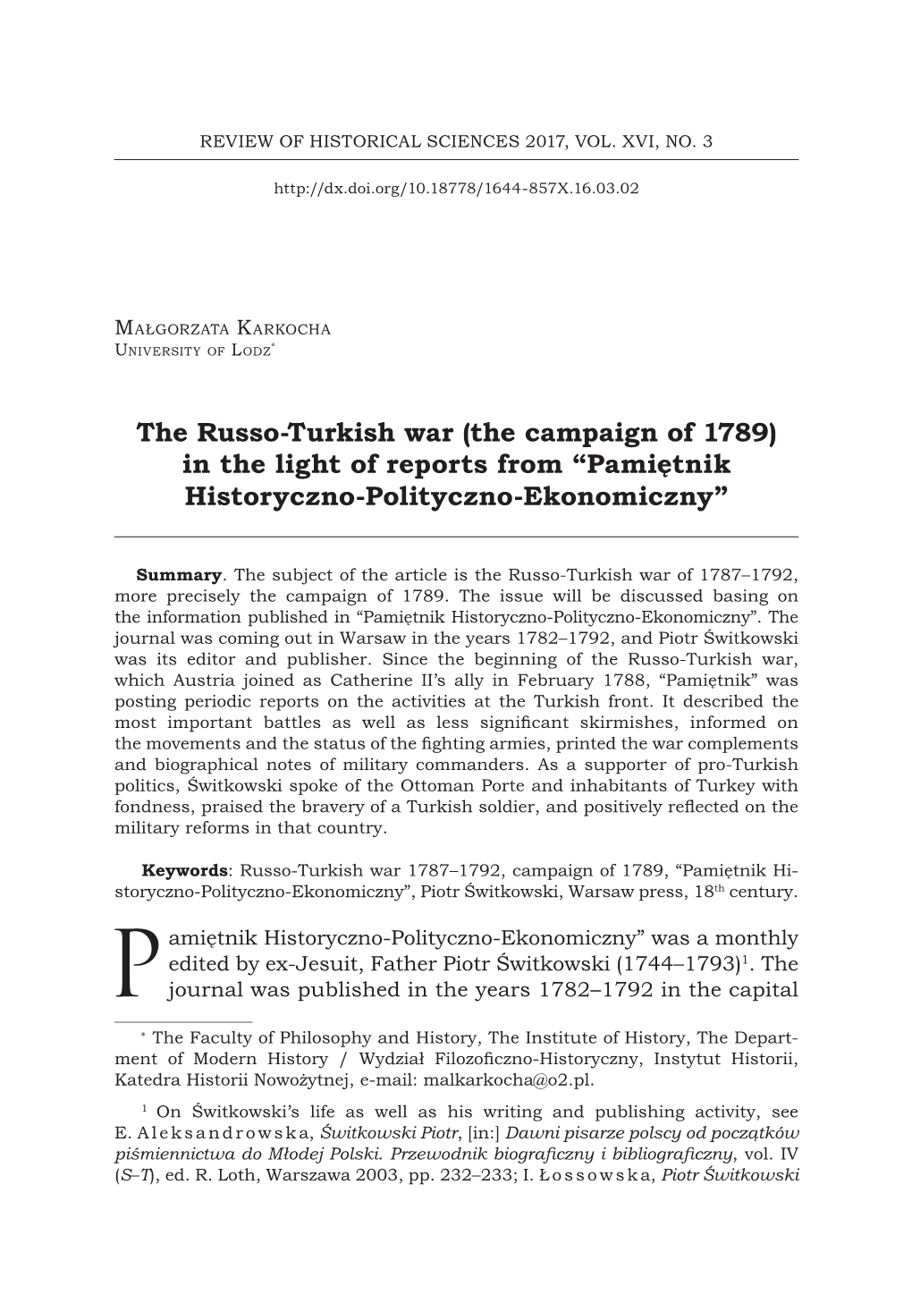 The Russo-Turkish War (The Campaign of 1789) in the Light of Reports from “Pamiętnik Historyczno-Polityczno-Ekonomiczny”